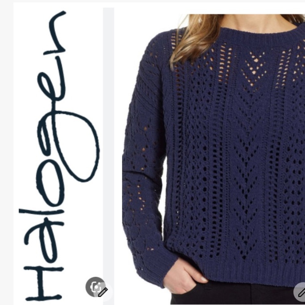 NWOT Halogen Crochet Navy  Chenille Sweater